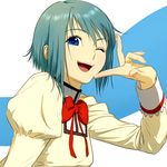  blue_eyes blue_hair bow face finger_to_face fingers hands mahou_shoujo_madoka_magica miki_sayaka mitakihara_school_uniform one_eye_closed open_mouth portrait puffy_sleeves school_uniform shin_(world_3000) simple_background smile solo upper_body v 