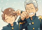  blue_hair brown_hair domon_asuka grin ichinose_kazuya inazuma_eleven inazuma_eleven_(series) male_focus multiple_boys salute school_uniform smile yamano_futsuki 