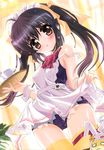  :o absurdres anger_vein animal_costume apron black_hair blush breasts brown_eyes bunny_costume copyright_request covered_nipples cup highres long_hair maid_headdress school_swimsuit shaa small_breasts solo swimsuit swimsuit_under_clothes thighhighs tray twintails waitress 