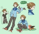  9_(saki-ooo-kiyu) :d :o arm_at_side arm_rest bad_id bad_pixiv_id baseball_cap black_pants black_shirt blue_jacket borrowed_garments brown_eyes brown_hair closed_eyes closed_mouth drowsy gen_5_pokemon green_background hand_behind_head hand_in_pocket hand_on_own_cheek hat jacket knees_up legs_apart long_sleeves looking_at_another looking_at_viewer motion_lines multiple_views no_hat no_headwear nose_bubble open_mouth outstretched_hand pants pants_rolled_up poke_ball_symbol pokemon pokemon_(creature) pokemon_(game) pokemon_bw profile red_footwear shirt shoes sideways_glance sitting sleeping smile standing sun_(symbol) t-shirt tepig touya_(pokemon) woobat zipper 