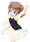  armpits barefoot brown_hair flat_chest full_body hands meito_(maze) one-piece_swimsuit original purple_eyes school_swimsuit short_hair sitting solo swimsuit twintails v 