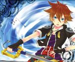  blue_eyes brown_hair fingerless_gloves fukutsuu gloves jewelry keyblade kingdom_hearts male_focus necklace solo sora_(kingdom_hearts) 