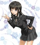  amagami black_eyes black_hair black_skirt breast_squeeze breasts hairband hand_on_hip hida_tatsuo kibito_high_school_uniform large_breasts long_hair long_sleeves morishima_haruka one_eye_closed pleated_skirt school_uniform skirt smile snowflakes solo sweater 