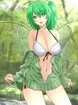  bikini bikini_under_clothes breasts ccremonn contemporary daiyousei fairy_wings green_eyes green_hair hair_ornament jacket large_breasts nature navel older open_clothes open_jacket open_mouth side_ponytail smile solo swimsuit swimsuit_under_clothes touhou undressing unzipped white_bikini wings 