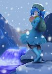  backpack bag blue_hair blush boots gift green_eyes hat holding holding_gift ishikkoro kawashiro_nitori looking_back open_mouth pantyhose rubber_boots short_hair snow solo touhou two_side_up water_spring winter 