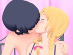  3d 3d_gif animated animated_gif black_hair blonde_hair blush braid braids eyes_closed gif h_what_is_suddenly_no_good kiss kissing 