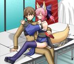  animal_ears arm_support artist_request brown_hair caster_(fate/extra) fate/extra fate_(series) fox_ears japanese_clothes kimono kishinami_hakuno_(male) pink_hair ria_(arinakanomiu) sitting sitting_on_lap sitting_on_person 