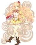  atelier_(series) atelier_meruru bad_id bad_pixiv_id bare_legs blonde_hair blue_eyes bow breasts brown_background crown full_body half_updo long_hair merurulince_rede_arls red_bow ribbon shoes shuu_(shu-nm) sidelocks skirt small_breasts smile solo yellow_skirt 