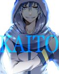  bad_id bad_pixiv_id blue_eyes blue_hair cline grin hood kaito male_focus scarf simple_background smile solo vocaloid 