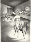  black_and_white breasts canine dildo dildo_saddle dog female greyscale human mammal mask mirka_lugosi monochrome nipples nude painting pussy sex_toy standing surreal surrealist 