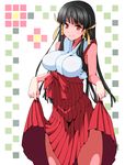  arcana_heart bare_shoulders black_hair breasts hair_ribbon hakama highres japanese_clothes kasuga_maori large_breasts long_hair miko red_eyes red_hakama ribbon ryusuke1234 skirt skirt_lift smile solo 