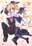  1girl 2011 animal_ears bad_id bad_pixiv_id bat_wings black_hair black_legwear blonde_hair bunny_ears chinese_zodiac demon_tail hug long_hair looking_at_viewer new_year original personification purple_eyes ratise red_eyes tail thighhighs twintails wings year_of_the_rabbit 