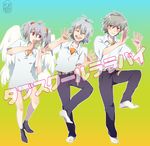  2boys angel angel_chromosome_xx belt blush grey_eyes grey_hair highres laughing legs multiple_boys multiple_persona multiple_wings nagisa_kaworu neon_genesis_evangelion red_eyes seraph shirt shou_(past) socks standing standing_on_one_leg tabris tabris-xx twintails wings 