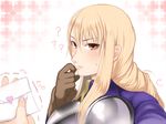  1girl ? agrias_oaks armor blonde_hair blush braid brown_eyes final_fantasy final_fantasy_tactics gloves heart hetero kurofood letter long_hair love_letter pauldrons sidelocks single_braid solo_focus 