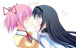  akemi_homura black_hair blush hair_ribbon hairband kaname_madoka kiss long_hair mahou_shoujo_madoka_magica mitakihara_school_uniform multiple_girls pink_hair purple_eyes ribbon school_uniform short_twintails surprise_kiss surprised tri twintails yuri 