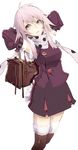  arms_behind_head bag black_legwear detached_sleeves fur fur_trim lavender_hair original polka_dot purple_eyes sakumi scarf short_hair skirt solo strap thighhighs zettai_ryouiki 