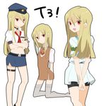 afuro_terumi androgynous blonde_hair boy crossdress crossdressing dress frown grey_legwear grey_thighhighs hat highres inazuma_eleven inazuma_eleven_(series) kneeling long_hair looking_back male multiple_persona navel necktie open_mouth police police_uniform red_dress red_eyes simple_background skirt smile solo thighhighs trap uniform 