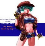  belt breasts cleavage cowboy_hat cowboy_shot crop_top fringe_trim gloves green_eyes green_hair gun handgun hat highres holster large_breasts midriff navel original scarf shirt short_hair short_shorts shorts solo tank_top taut_clothes taut_shirt vigwer weapon western 