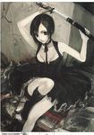  absurdres black_hair boots breasts choker cleavage dogs:_bullets_&amp;_carnage fuyumine_naoto highres katana medium_breasts scar sheath short_hair sitting solo sword tomatika tutu unsheathing weapon 