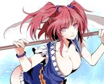  atoshi bottomless breasts cleavage hair_bobbles hair_ornament highres large_breasts leaning_forward no_bra onozuka_komachi over_shoulder pink_hair red_eyes revision scythe short_hair solo touhou two_side_up weapon weapon_over_shoulder 