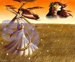  bagheera camouflaged_text dancing dress eyes_closed feline female grass hi_res jewelry jowana leopard solo sunset tiara translation_request tree wind 