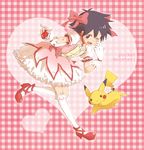  choker cosplay creature crossdressing crossover english gen_1_pokemon gloves hair_ornament hair_ribbon heart kaname_madoka kaname_madoka_(cosplay) kyubey mahou_shoujo_madoka_magica mascot mebae_(1o2o) one_eye_closed otoko_no_ko pikachu pink_skirt poke_ball pokemon pokemon_(anime) pokemon_(creature) ribbon satoshi_(pokemon) shoes skirt white_gloves white_legwear 