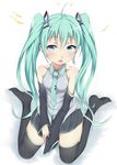  ahoge bad_id bad_pixiv_id blush detached_sleeves green_eyes green_hair harushin hatsune_miku highres long_hair necktie open_mouth sitting solo thighhighs twintails very_long_hair vocaloid wariza 