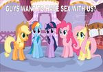  applejack_(mlp) bed blonde_hair blue_eyes blue_fur cowboy_hat cute cutie_mark english_text equine female feral fluttershy_(mlp) freckles friendship_is_magic fur green_eyes group hair hat horn horse horse_tail image_macro looking_at_viewer mammal multi-colored_hair my_little_pony orange_fur pegasus pillow pink_fur pink_hair pinkie_pie_(mlp) pony purple_eyes purple_fur purple_hair rainbow_dash_(mlp) rainbow_hair rainbow_tail reaction_image teal_eyes text twilight_sparkle_(mlp) unicorn unknown_artist wings yellow_fur 