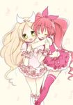  beamed_eighth_notes blonde_hair bow closed_eyes cure_melody cure_rhythm eighth_note happy highres houjou_hibiki hug hug_from_behind long_hair magical_girl minamino_kanade multiple_girls musical_note pink_bow pink_hair pink_legwear ponytail precure pylorichoco sixteenth_note smile suite_precure thighhighs twintails white_background yellow_eyes 