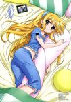  absurdres bed bed_sheet blonde_hair blush body_pillow fate_testarossa highres long_hair lying lyrical_nanoha mahou_shoujo_lyrical_nanoha mahou_shoujo_lyrical_nanoha_the_movie_1st megami non-web_source official_art okuda_yasuhiro on_side pajamas photo_(object) pillow ponytail red_eyes solo takamachi_nanoha very_long_hair 