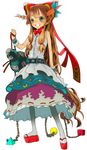  alcohol bad_id bad_pixiv_id belt blue_eyes bottle bow brown_hair chain clog_sandals closed_eyes dareruraito fang gourd grin hair_bow highres horns ibuki_suika long_hair pantyhose ribbon sake shoes sleeveless smile solo thighhighs touhou wrist_cuffs 