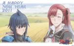  2girls blue_hair blush darcsen eyes_closed female gradient_hair grey_eyes highres imca long_hair military military_uniform multicolored_hair multiple_girls official_art ponytail red_hair riela_marcellis senjou_no_valkyria senjou_no_valkyria_3 shoulder_pads silver_hair uniform wallpaper 