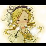  beret blonde_hair breasts drill_hair hair_ornament hat large_breasts letterboxed long_hair magical_girl mahou_shoujo_madoka_magica puffy_sleeves shino_(ponjiyuusu) solo tears tomoe_mami yellow_eyes 