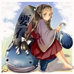  bad_id bad_pixiv_id barefoot bow brown_hair catfish feet fish hair_bow hair_ribbon hakama japanese_clothes keystone kimono long_hair namazu original red_hakama ribbon rira_fuuka rope shimenawa solo tree yellow_eyes 