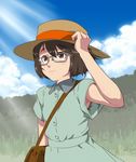  :3 armpit_peek armpits bad_id bad_pixiv_id bag brown_eyes brown_hair dress face fujisawa_takashi glasses hand_on_headwear hat light_rays naruse_kozue seikimatsu_occult_gakuin smile solo sunbeam sunlight younger 