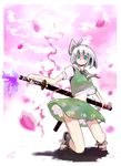  absurdres ascot blue_eyes blush hairband highres katana kneeling konpaku_youmu midriff navel petals scabbard sheath short_hair silver_hair skirt smile solo sword tatwuku touhou unsheathing weapon white_hair 