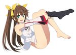  bad_id bad_pixiv_id barefoot bottomless brown_hair fang feet fuaa_(friden04) full_body green_eyes hair_ribbon huang_lingyin infinite_stratos legs long_hair long_legs open_mouth ribbon simple_background single_sock sock_pull socks solo thighs twintails undressing 