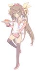  ahoge apron armpits bad_id bad_pixiv_id bare_shoulders blade_(galaxist) bodysuit bow brown_hair detached_sleeves flat_chest food frilled_sleeves frills full_body green_eyes hair_bow hair_ribbon hairband hand_on_hip huang_lingyin infinite_stratos long_hair over-kneehighs pilot_suit ribbon shoes simple_background solo thighhighs tray twintails waitress 