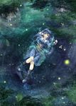  blue_eyes blue_hair boots fireflies hat highres kawashiro_nitori leaf lying nature navel open_clothes open_shirt shirt short_hair solo tomokatsu touhou tree water 