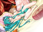  1girl barefoot bed blush breasts censored convenient_censoring covering dutch_angle feet female finger_licking green_eyes green_hair hatsune_miku indoors kitano_tomotoshi licking long_hair lying nail_polish naked necktie nude nude_cover pillow pillows solo tie very_long_hair vocaloid 