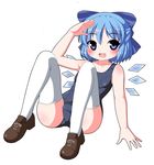  bad_id bad_pixiv_id blue_eyes blue_hair bow cirno fang highres kyokutou_hentai_samurai one-piece_swimsuit school_swimsuit solo swimsuit thighhighs touhou wings 