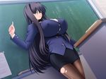  black_hair blush breasts chalkboard classroom covered_nipples embarrassed game_cg green_eyes gunner-l huge_breasts impossible_clothes impossible_shirt long_hair miniskirt mutui_kaoruko non-web_source pantyhose pencil_skirt shirt skirt solo teacher torn_clothes torn_legwear tsuri_baka very_long_hair 