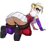  all_fours ass batman:_arkham_asylum batman_(series) blonde_hair boots dc_comics domino_mask elbow_gloves fishnet_legwear fishnets gloves harley_quinn hero_(do-belman) looking_back mask panties pantyshot simple_background solo thigh_boots thighhighs twintails underwear 