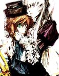  bad_id bad_pixiv_id brown_hair frills hat heterochromia hug kurokoge013 long_hair multiple_girls pink_eyes rozen_maiden short_hair sketch souseiseki suigintou white_hair 