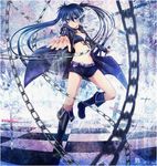  belt bikini_top black_rock_shooter black_rock_shooter_(character) blue_eyes blue_hair boots burning_eye chain coat cross glowing hair_ribbon kuromai long_hair outstretched_hand ribbon scar shorts solo sword trail twintails weapon 