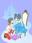  1girl black_hair castle cinderella couple disney dress drill_hair happy hetero highres mickey_mouse minnie_mouse personification rimu_(soapy) 