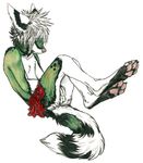  balls canine crossdressing ear_piercing earring hair hindpaw male piercing skirt solo speed_(artist) spiked_hair topless white_background white_hair wolf 