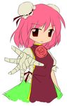  bandages bun_cover chinese_clothes double_bun flower ibaraki_kasen pink_hair reaching red_eyes red_flower red_rose rose solo tabard touhou 