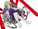  bad_id bad_pixiv_id blonde_hair brown_eyes crossed_legs dutch_angle feet hamu_(i33095) light_smile moriya's_iron_rings moriya_suwako sitting solo thighhighs touhou white_legwear 