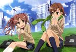  absurdres brown_eyes brown_hair city cityscape cloud day food highres long_hair misaka_mikoto multiple_girls non-web_source nyantype official_art open_mouth scarf school_uniform shibata_chisa shirai_kuroko short_hair sky socks to_aru_kagaku_no_railgun to_aru_majutsu_no_index twintails wind_turbine windmill 